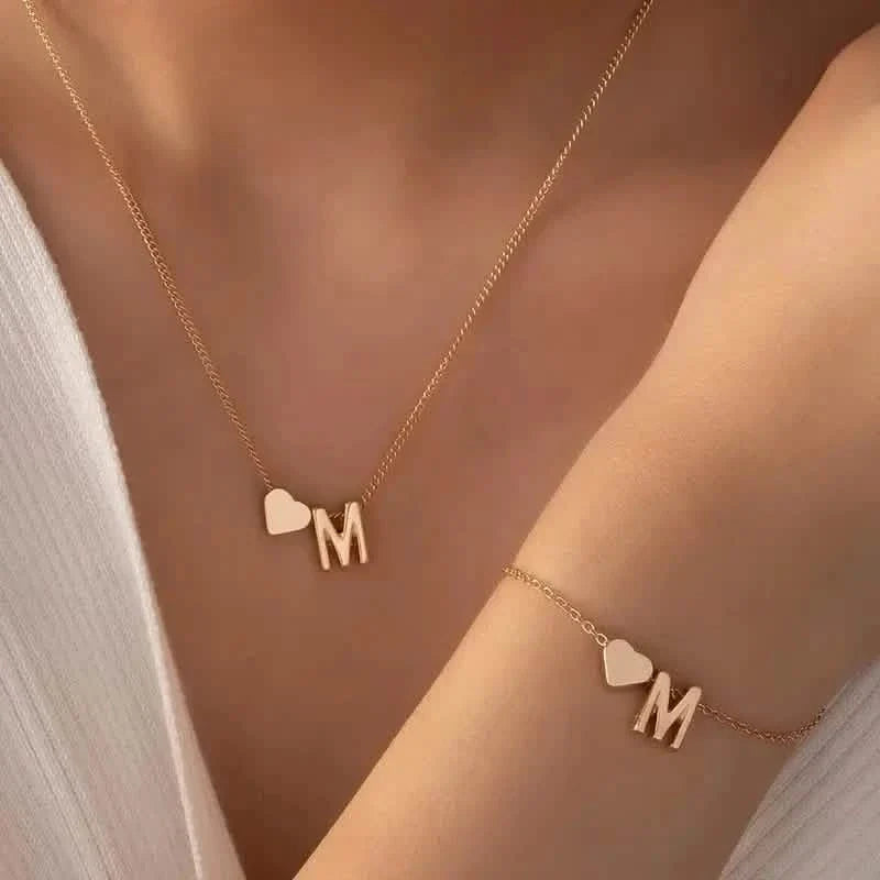 2-Piece Set: Metal Heart And English Letter Necklace And Bracelet 13