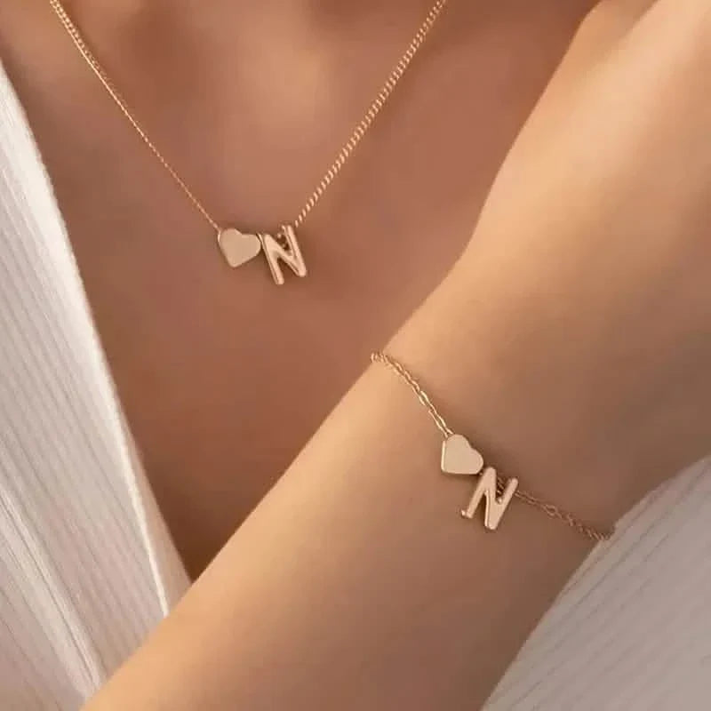 2-Piece Set: Metal Heart And English Letter Necklace And Bracelet 14