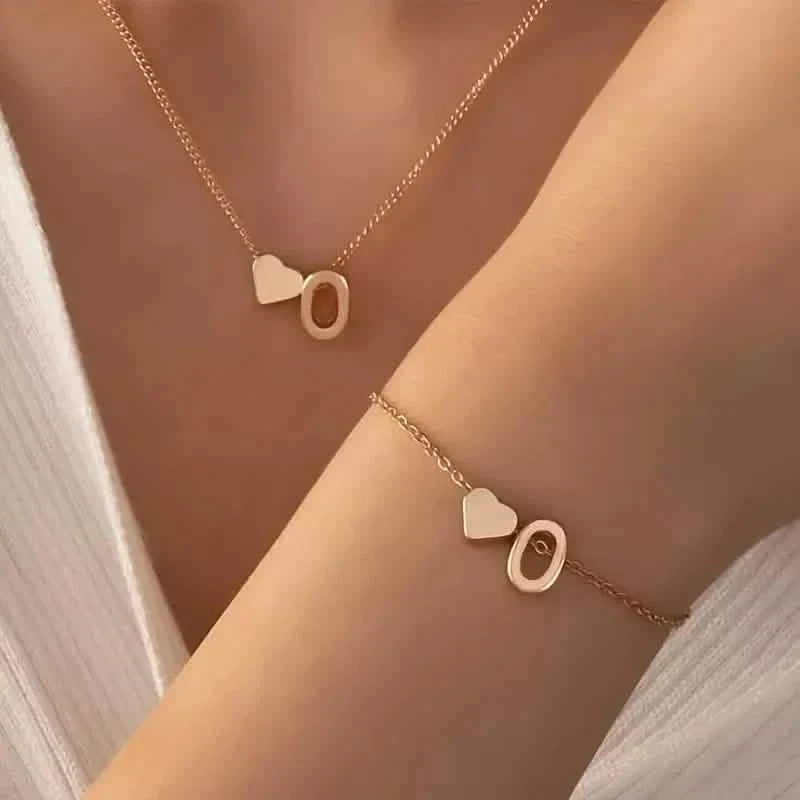 2-Piece Set: Metal Heart And English Letter Necklace And Bracelet 15