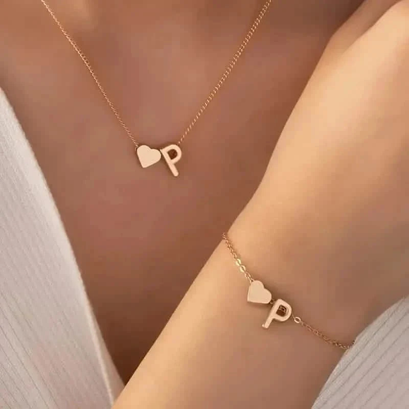 2-Piece Set: Metal Heart And English Letter Necklace And Bracelet 16
