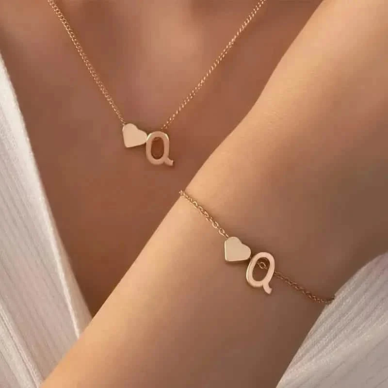 2-Piece Set: Metal Heart And English Letter Necklace And Bracelet 17