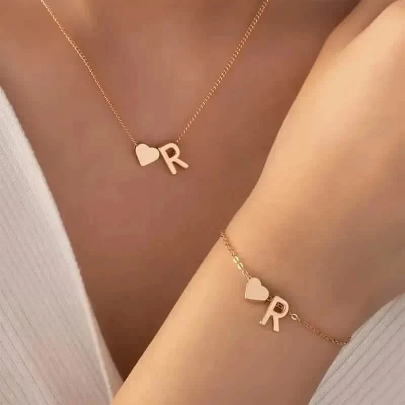2-Piece Set: Metal Heart And English Letter Necklace And Bracelet 18
