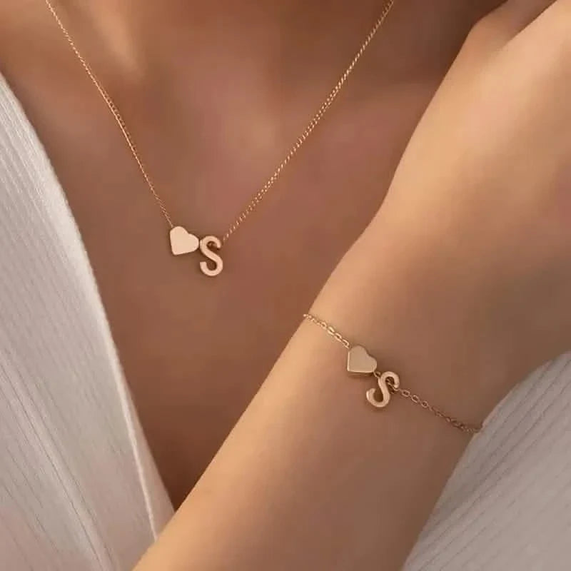 2-Piece Set: Metal Heart And English Letter Necklace And Bracelet 19