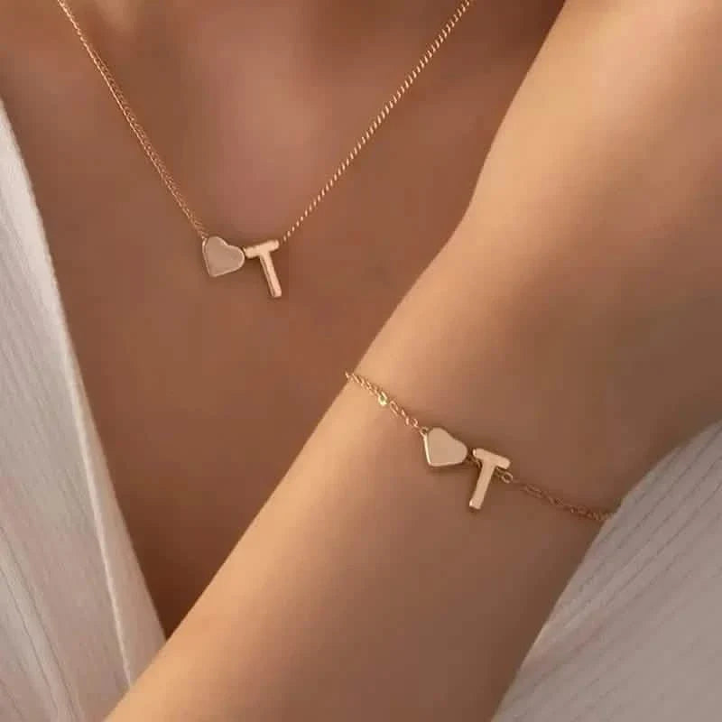 2-Piece Set: Metal Heart And English Letter Necklace And Bracelet 20