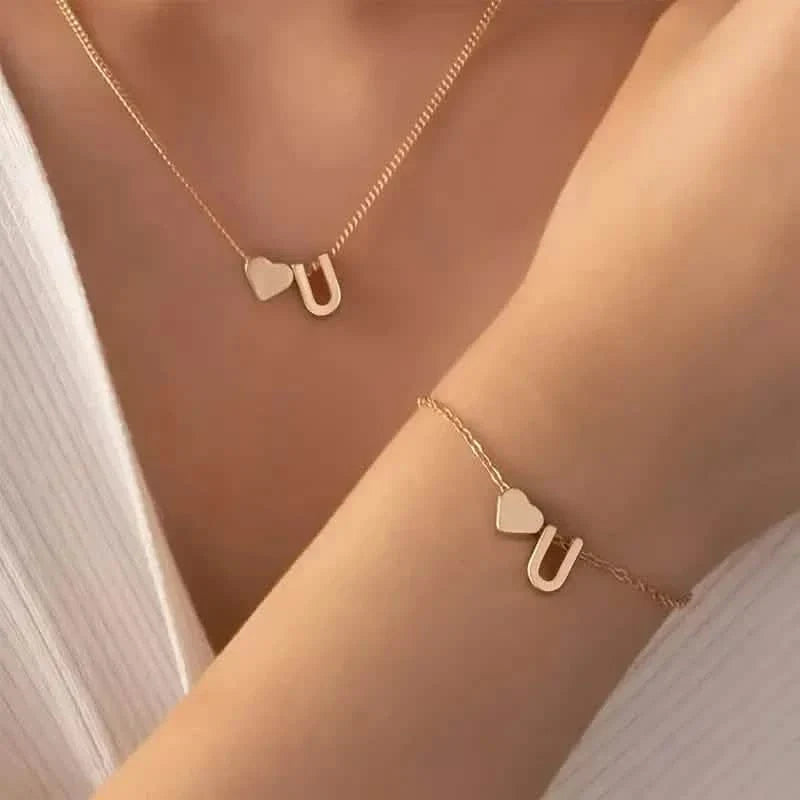 2-Piece Set: Metal Heart And English Letter Necklace And Bracelet 21