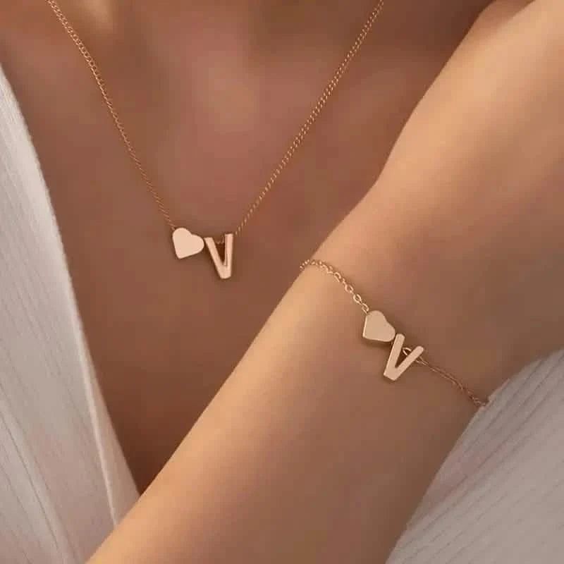 2-Piece Set: Metal Heart And English Letter Necklace And Bracelet 22
