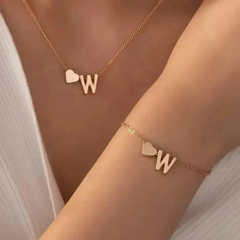 2-Piece Set: Metal Heart And English Letter Necklace And Bracelet 23