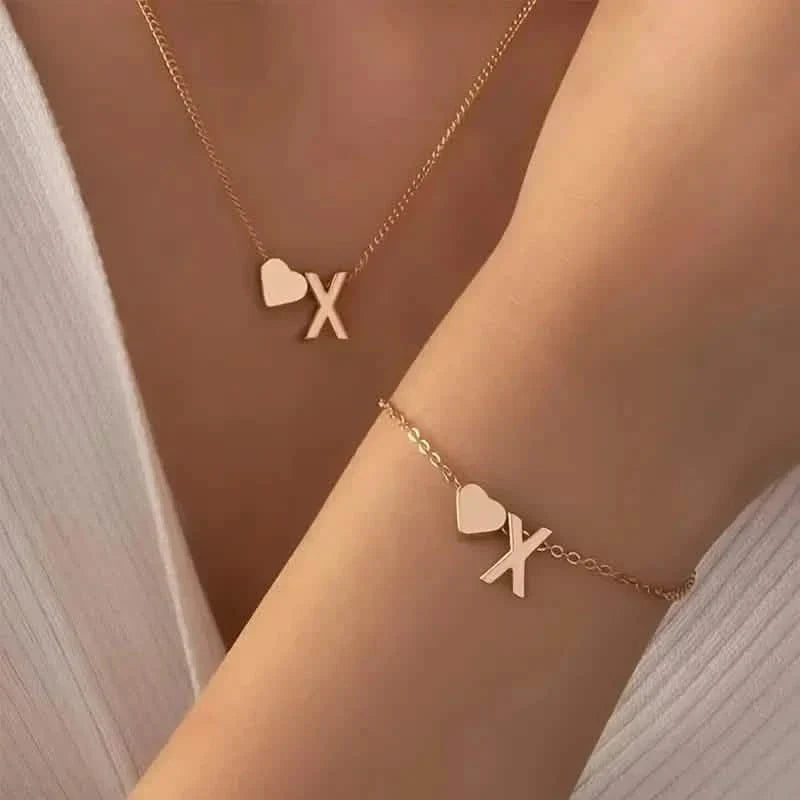 2-Piece Set: Metal Heart And English Letter Necklace And Bracelet 24