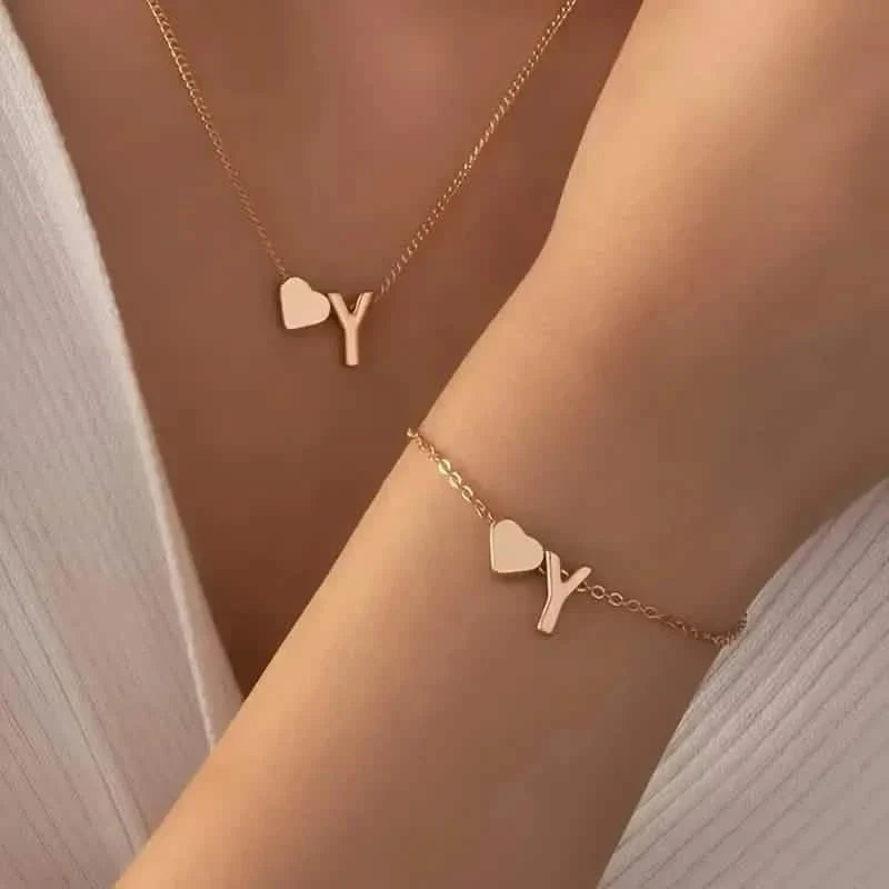 2-Piece Set: Metal Heart And English Letter Necklace And Bracelet 25
