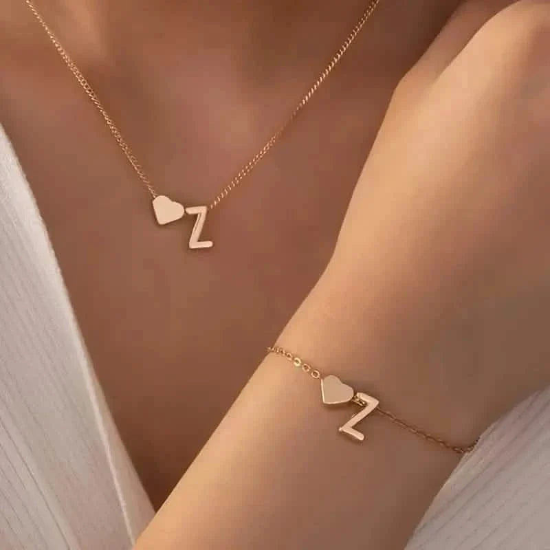 2-Piece Set: Metal Heart And English Letter Necklace And Bracelet 26