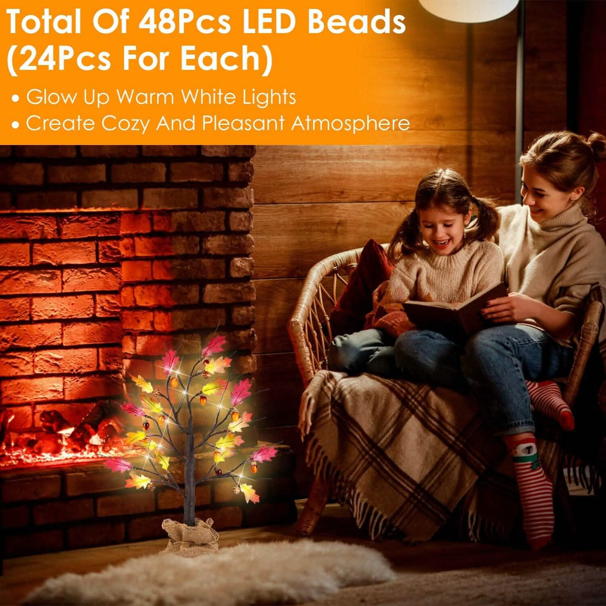 2-Pieces: 2FT Artificial Lighted Maple Tree with 24-Pieces Warm White LED Beads 13