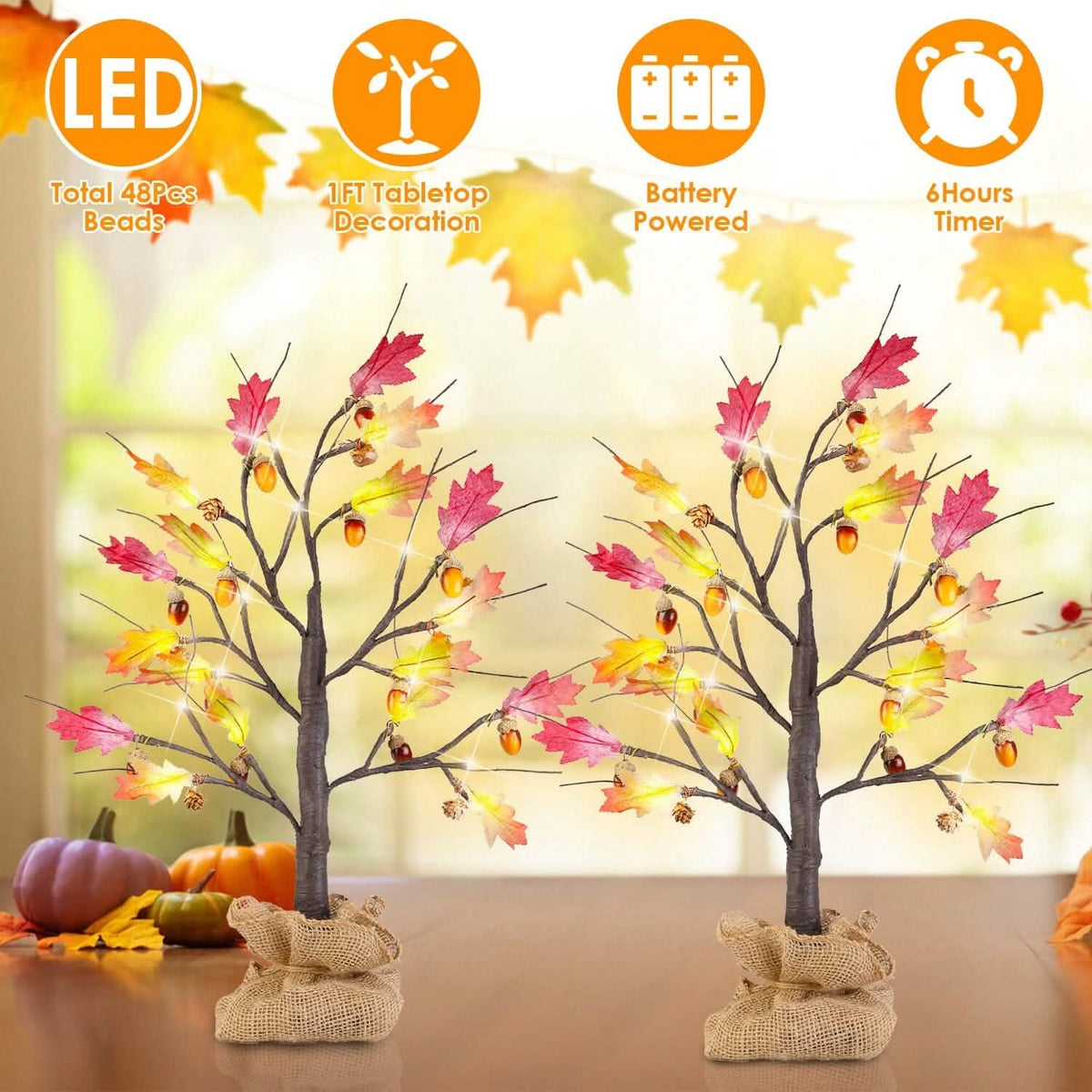 2-Pieces: 2FT Artificial Lighted Maple Tree with 24-Pieces Warm White LED Beads 10