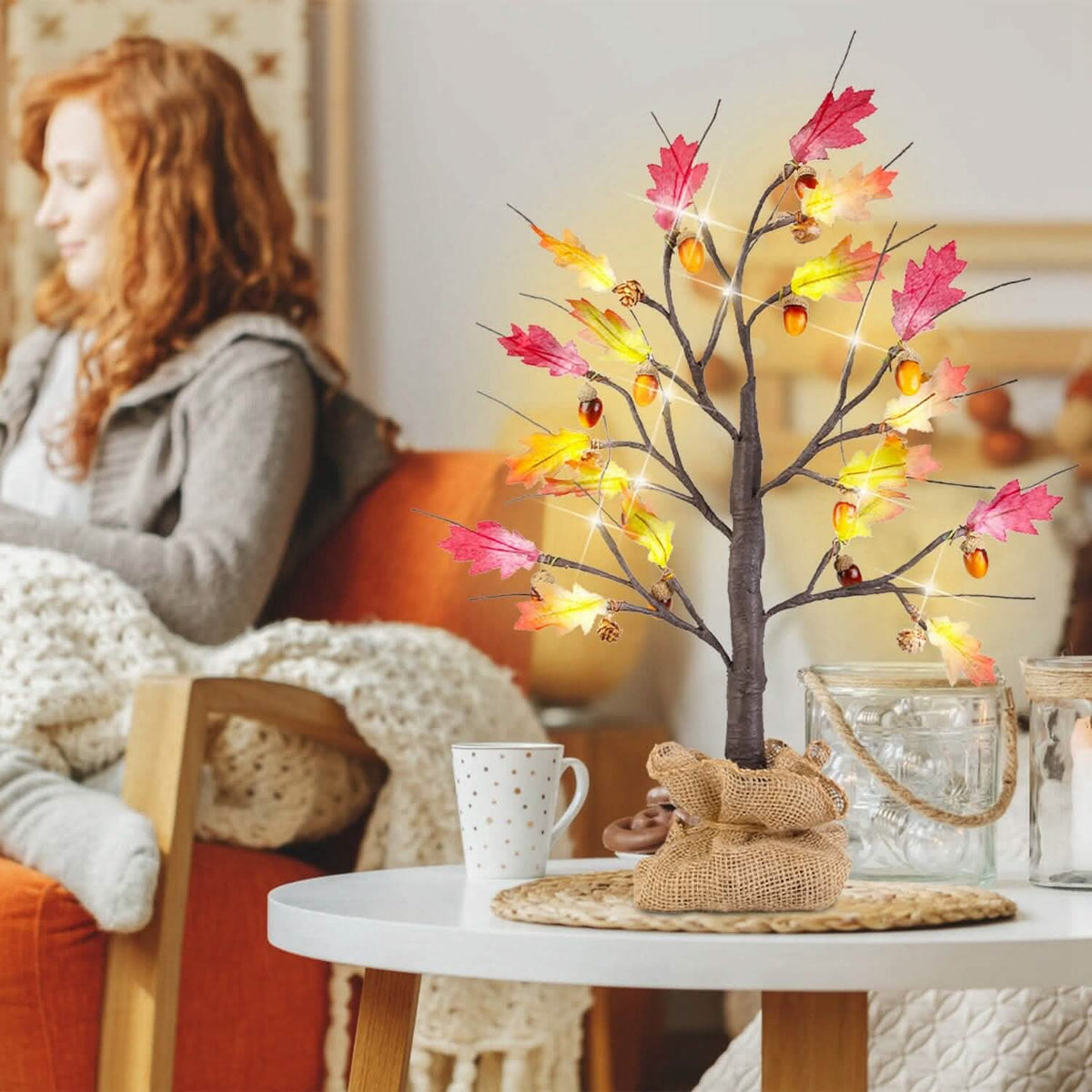 2-Pieces: 2FT Artificial Lighted Maple Tree with 24-Pieces Warm White LED Beads 12