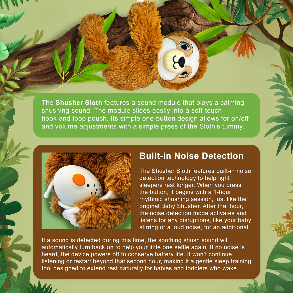 Shusher Sloth + 6-Pack Shushie™ Pacifiers – Soothing Bundle with Cuddly Cry Detection 3