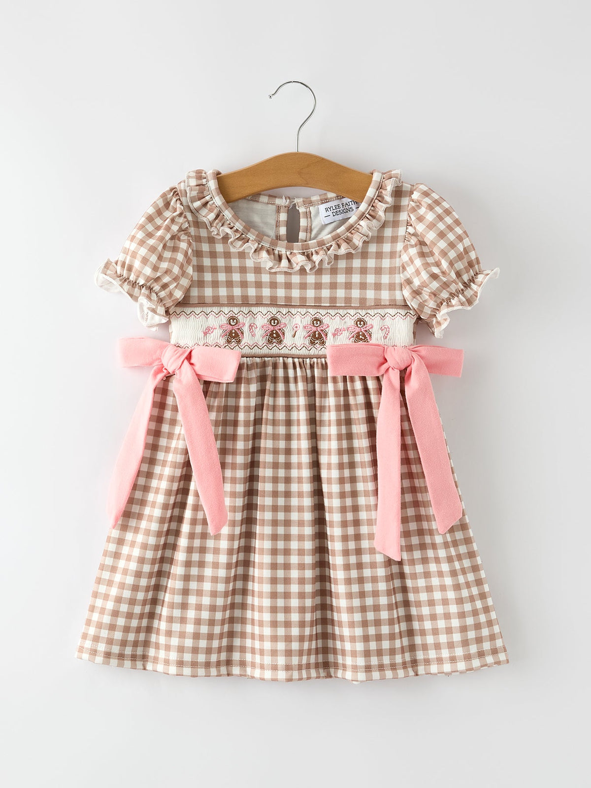 Christmas Vintage-Style Plaid Dress with Embroidered Gingerbread and Bows 7