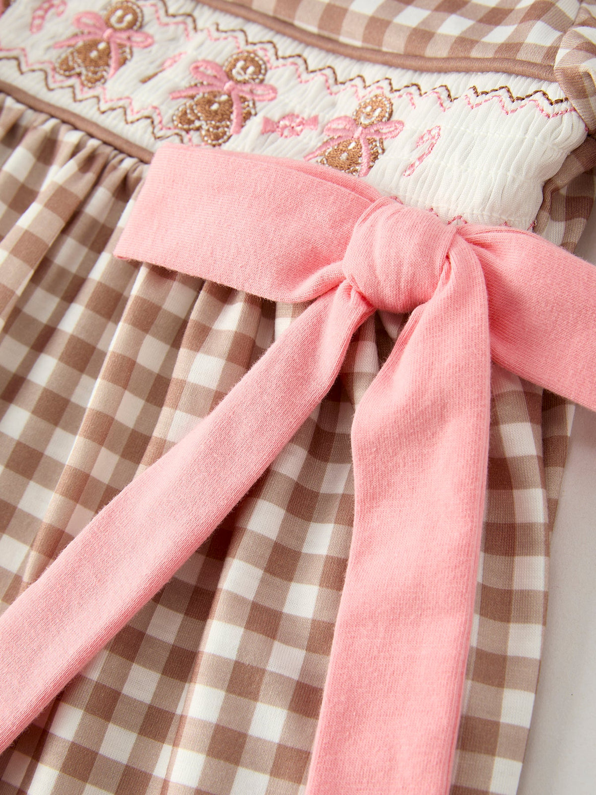 Christmas Vintage-Style Plaid Dress with Embroidered Gingerbread and Bows 10
