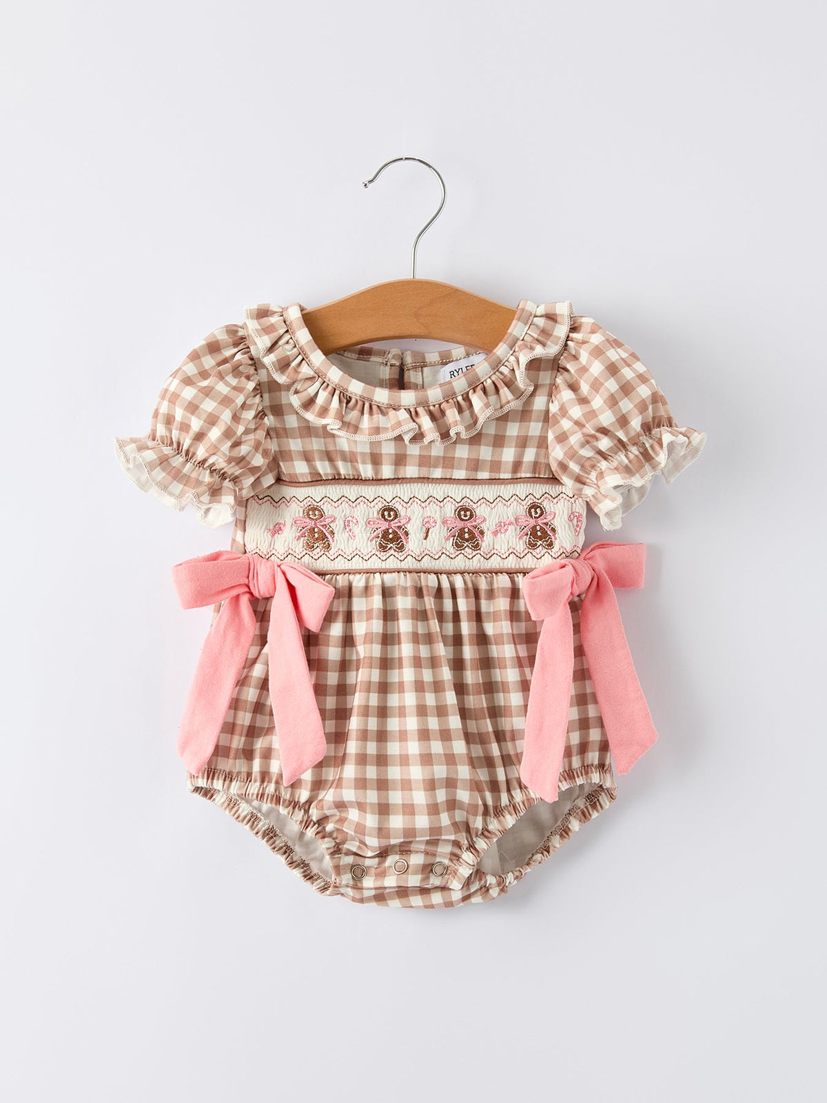 Christmas Vintage-Style Plaid Embroidered Gingerbread and Bows Girls Romper 6