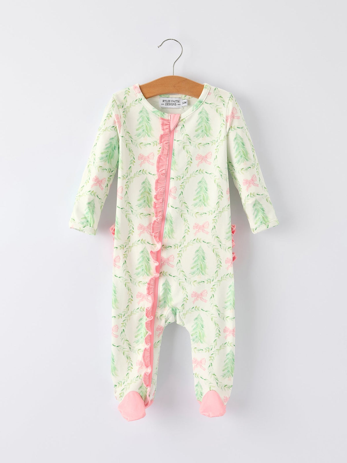 Christmas Tree Wreath Print Long Sleeve Zip Baby Girls Romper 5