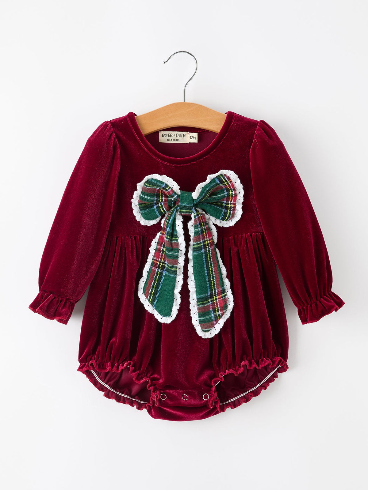 Baby Girls Christmas Burgundy Velvet Plaid Bow Romper 1