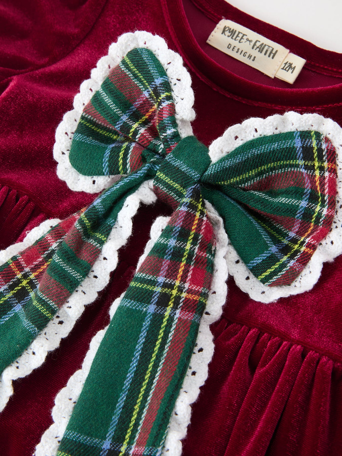 Baby Girls Christmas Burgundy Velvet Plaid Bow Romper 3