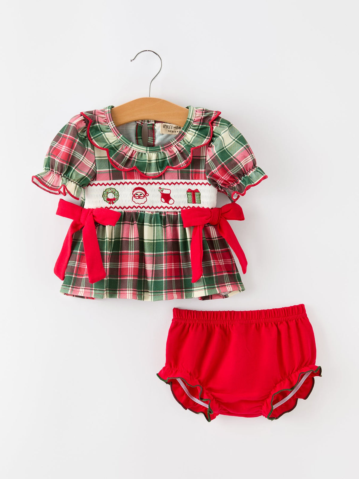 Christmas Girls Plaid Smocked Ruffle Collar Bloomer Set 1