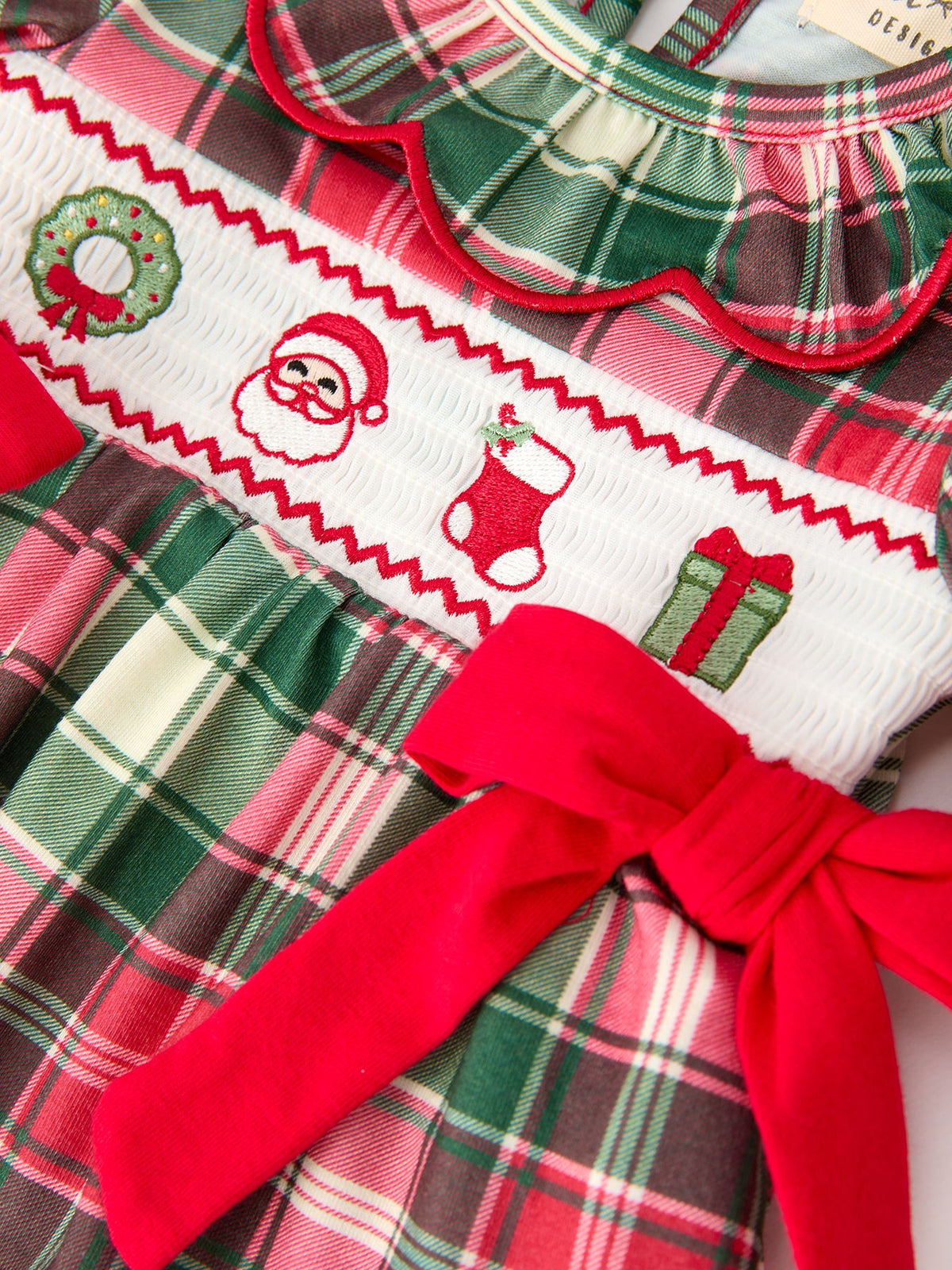 Christmas Girls Plaid Smocked Ruffle Collar Bloomer Set 3