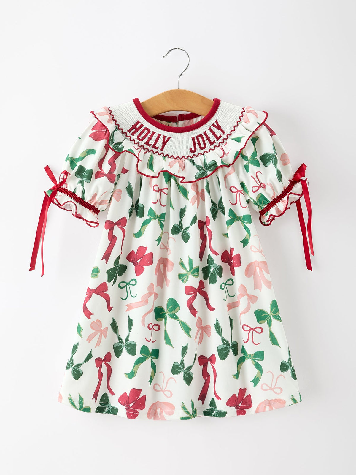 Christmas Girls Holly Jolly Bow Smocked Ruffle Dress 1