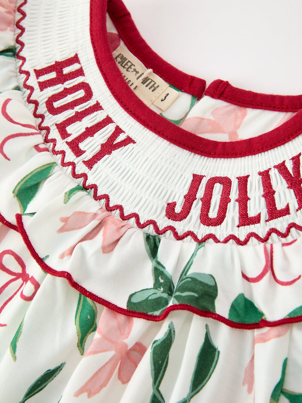 Christmas Girls Holly Jolly Bow Smocked Ruffle Dress 3
