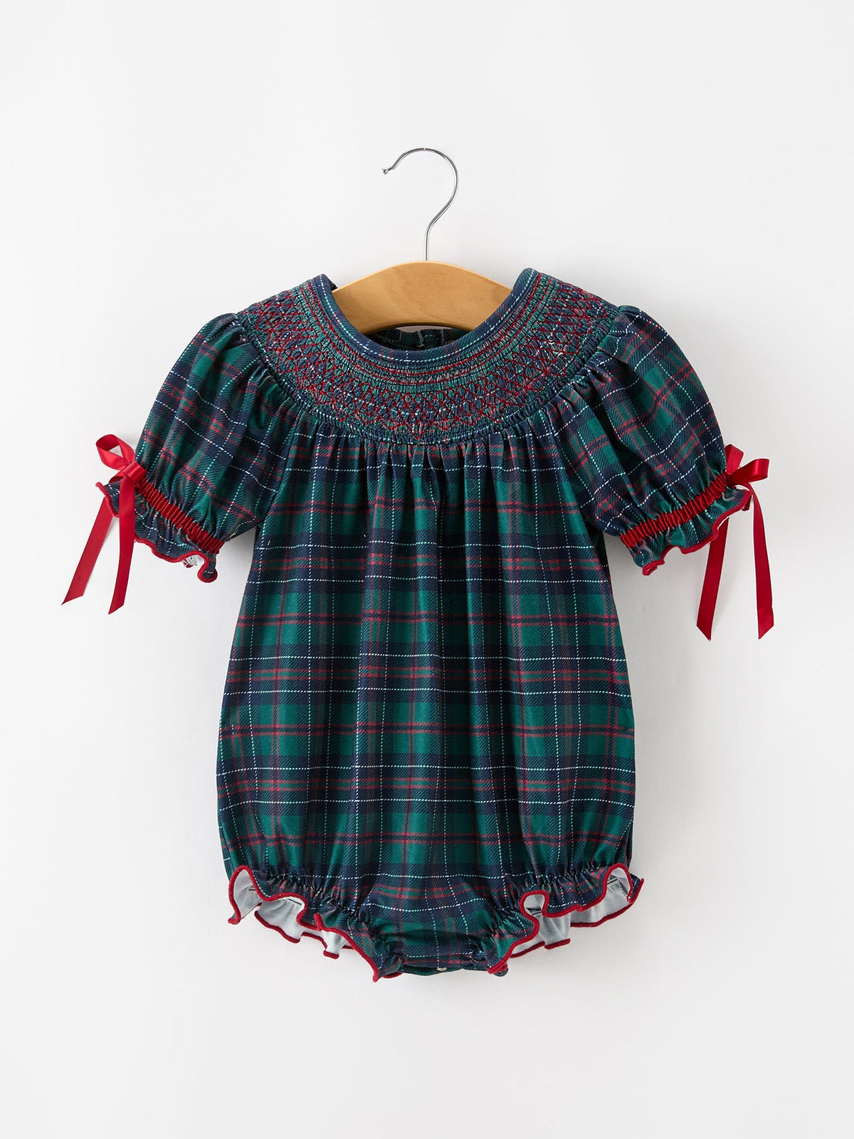 Girls Christmas Plaid Smocked Bubble Romper 1