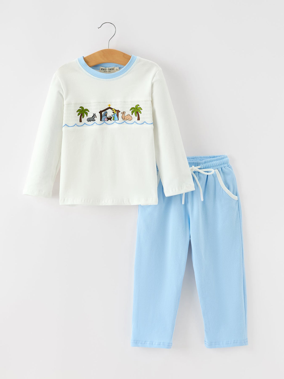 Christmas Nativity Embroidered Boys Long Sleeve Top And Pants Set 1