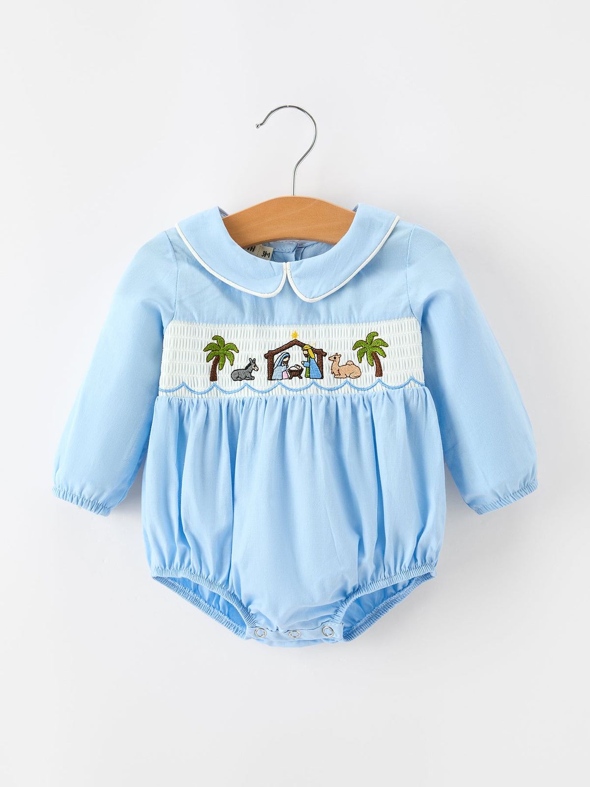 Christmas Nativity Embroidered Baby Boy Blue Smocked Romper 1
