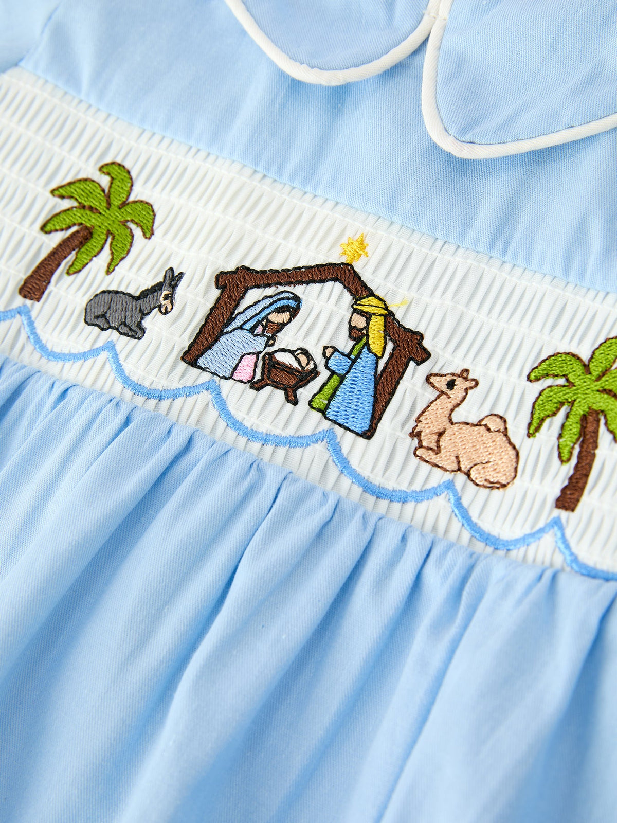 Christmas Nativity Embroidered Baby Boy Blue Smocked Romper 3