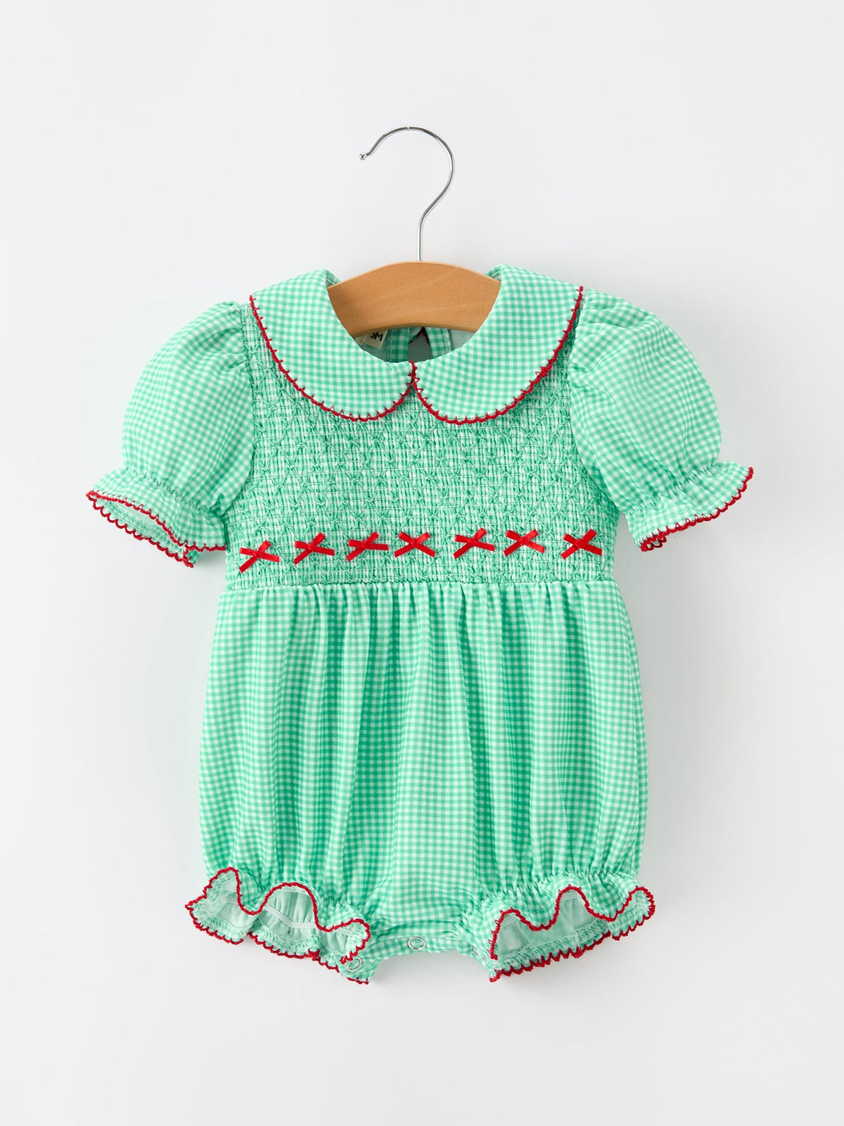 Christmas Girls Green Plaid Smocked Bow Bubble Romper 1