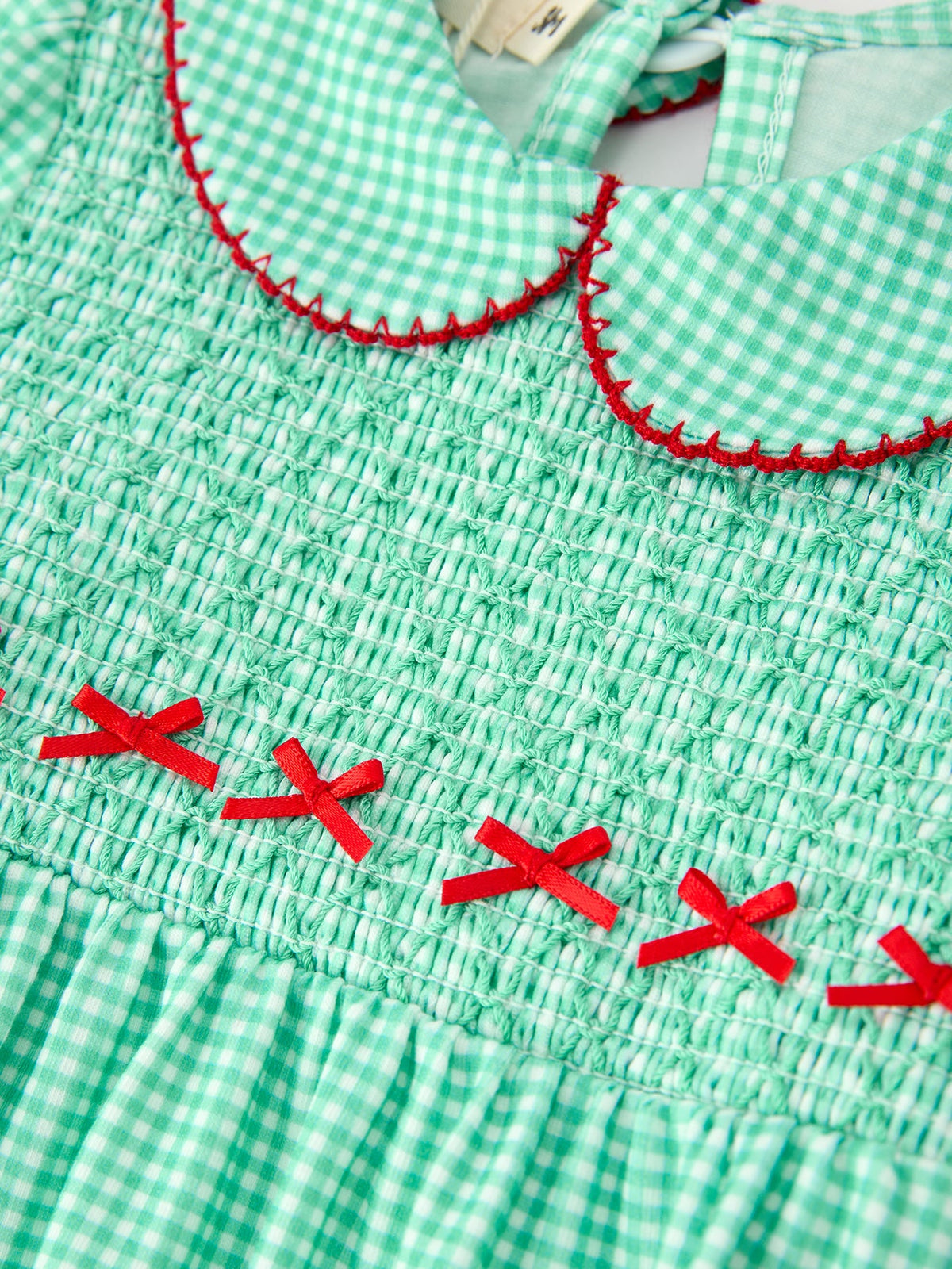 Christmas Girls Green Plaid Smocked Bow Bubble Romper 3