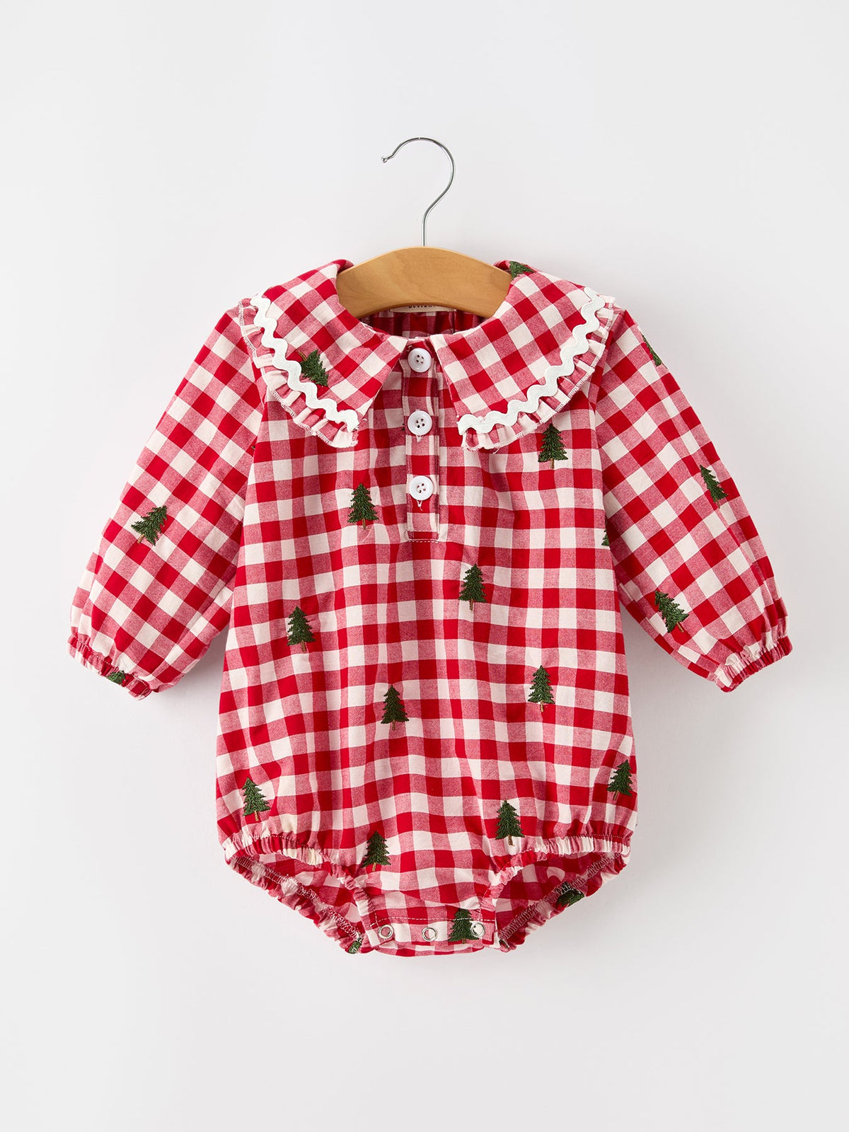 Christmas Tree Embroidered Red Plaid Baby Girls Ruffle Collar Romper 1