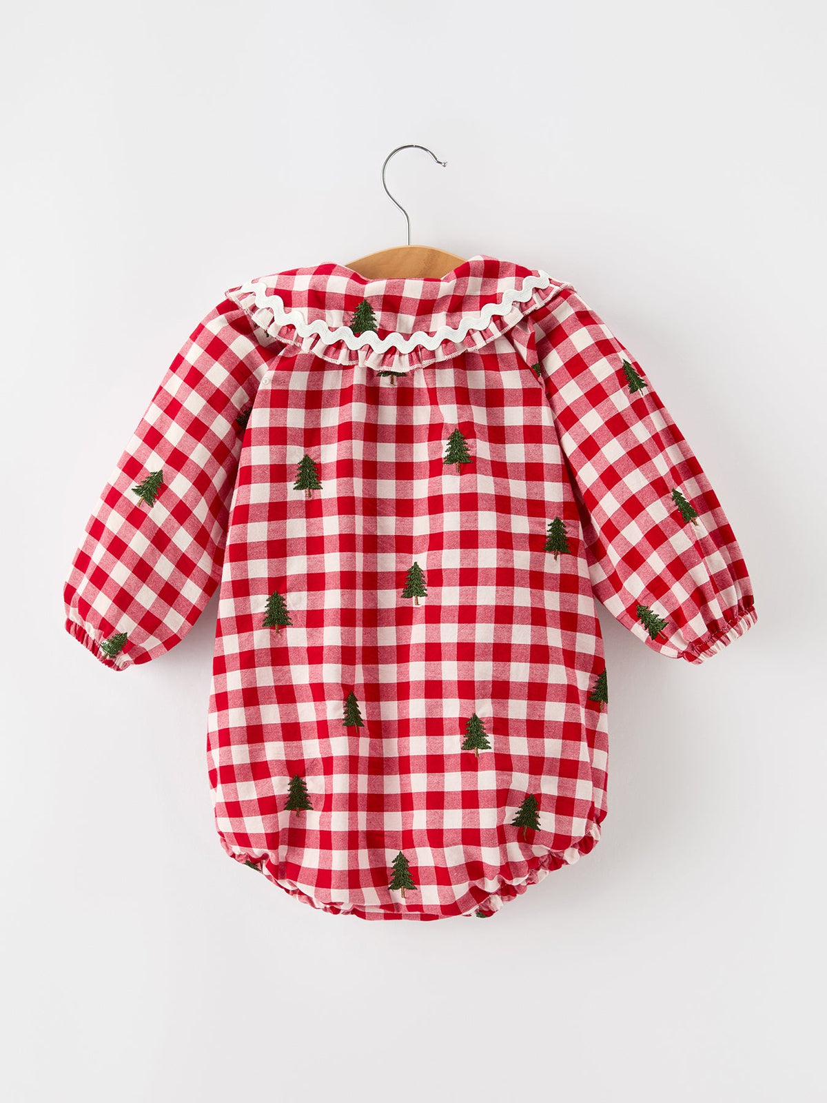Christmas Tree Embroidered Red Plaid Baby Girls Ruffle Collar Romper 2