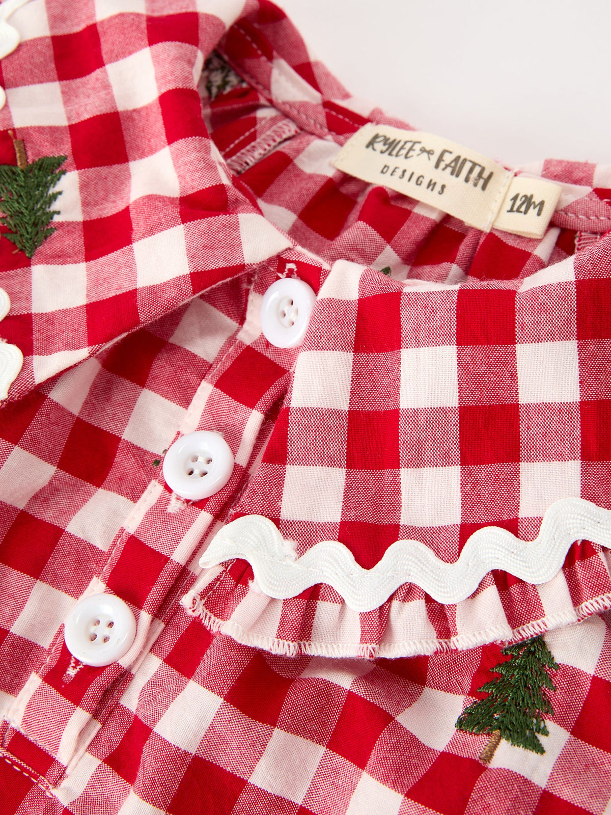 Christmas Tree Embroidered Red Plaid Baby Girls Ruffle Collar Romper 3