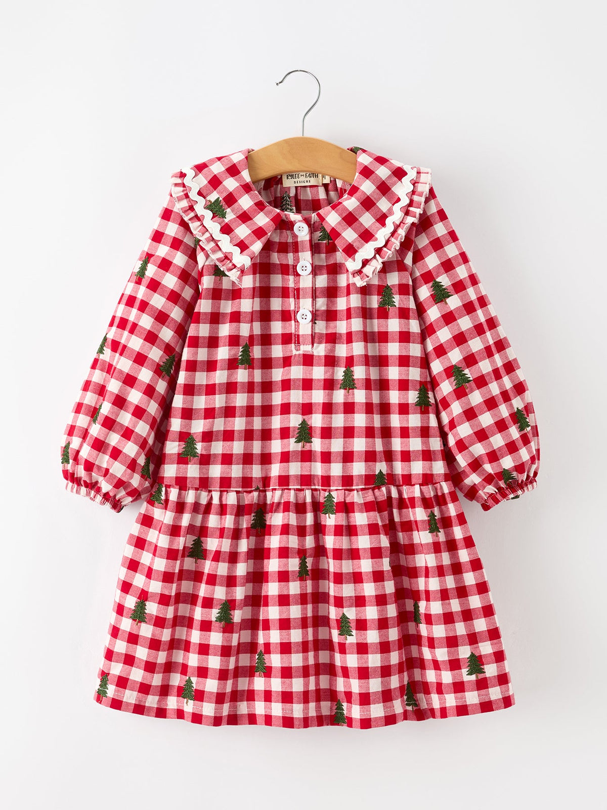Christmas Tree Embroidered Plaid Girls Ruffle Collar Dress 1