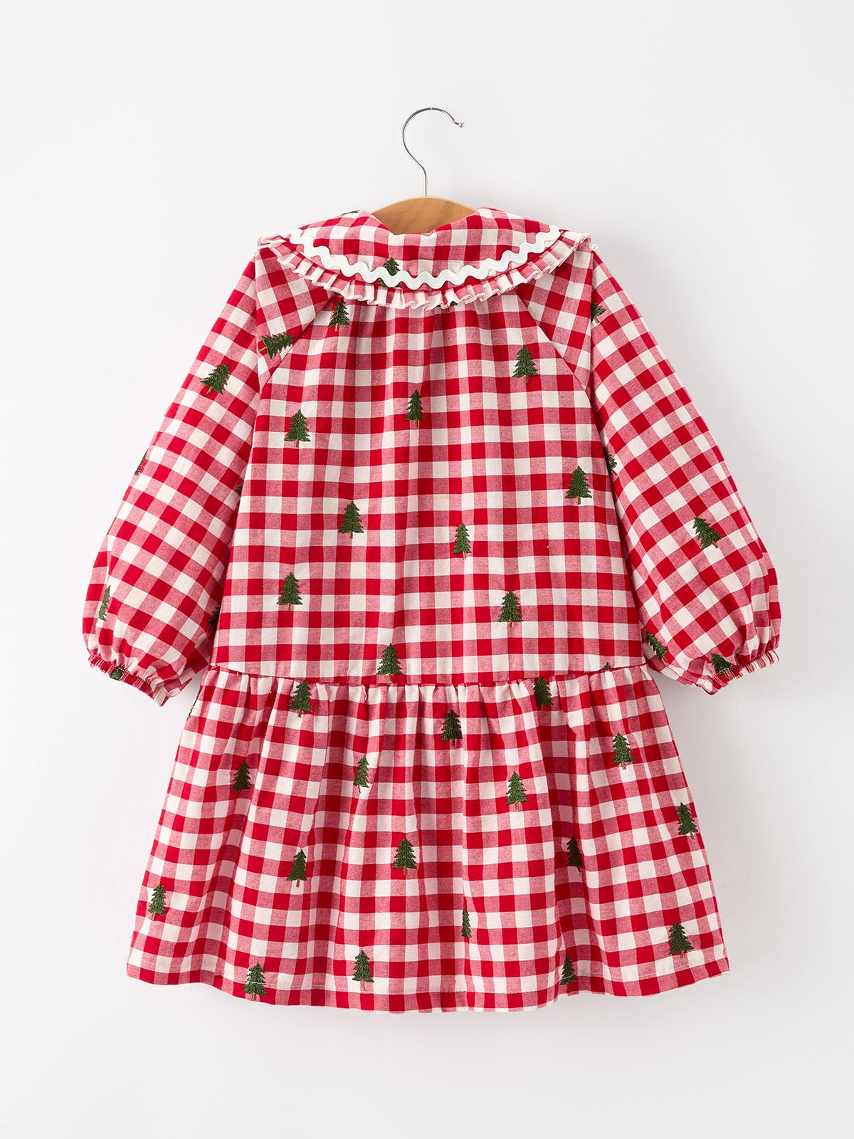 Christmas Tree Embroidered Plaid Girls Ruffle Collar Dress 2