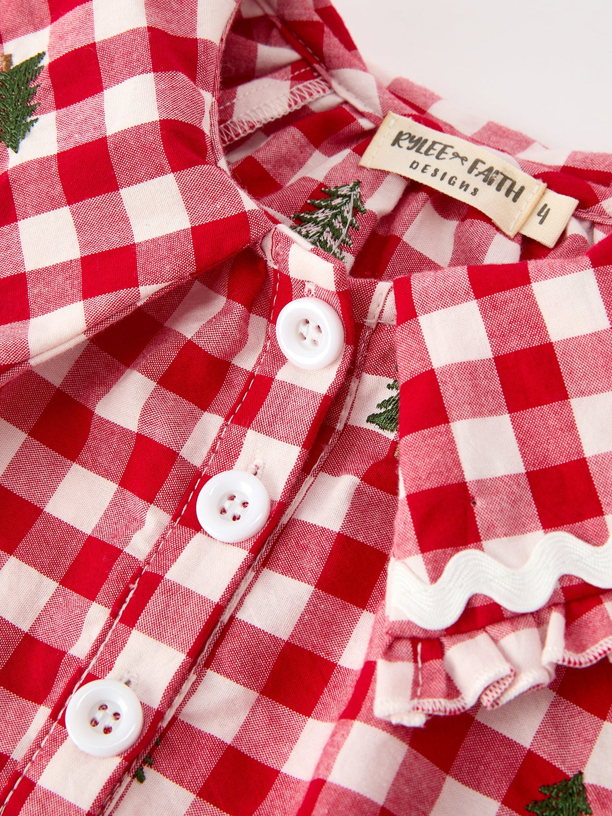 Christmas Tree Embroidered Plaid Girls Ruffle Collar Dress 3