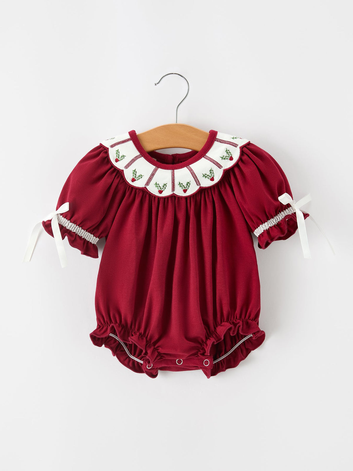 Christmas Holly Embroidered Baby Romper Petals Collar Ruffle 1