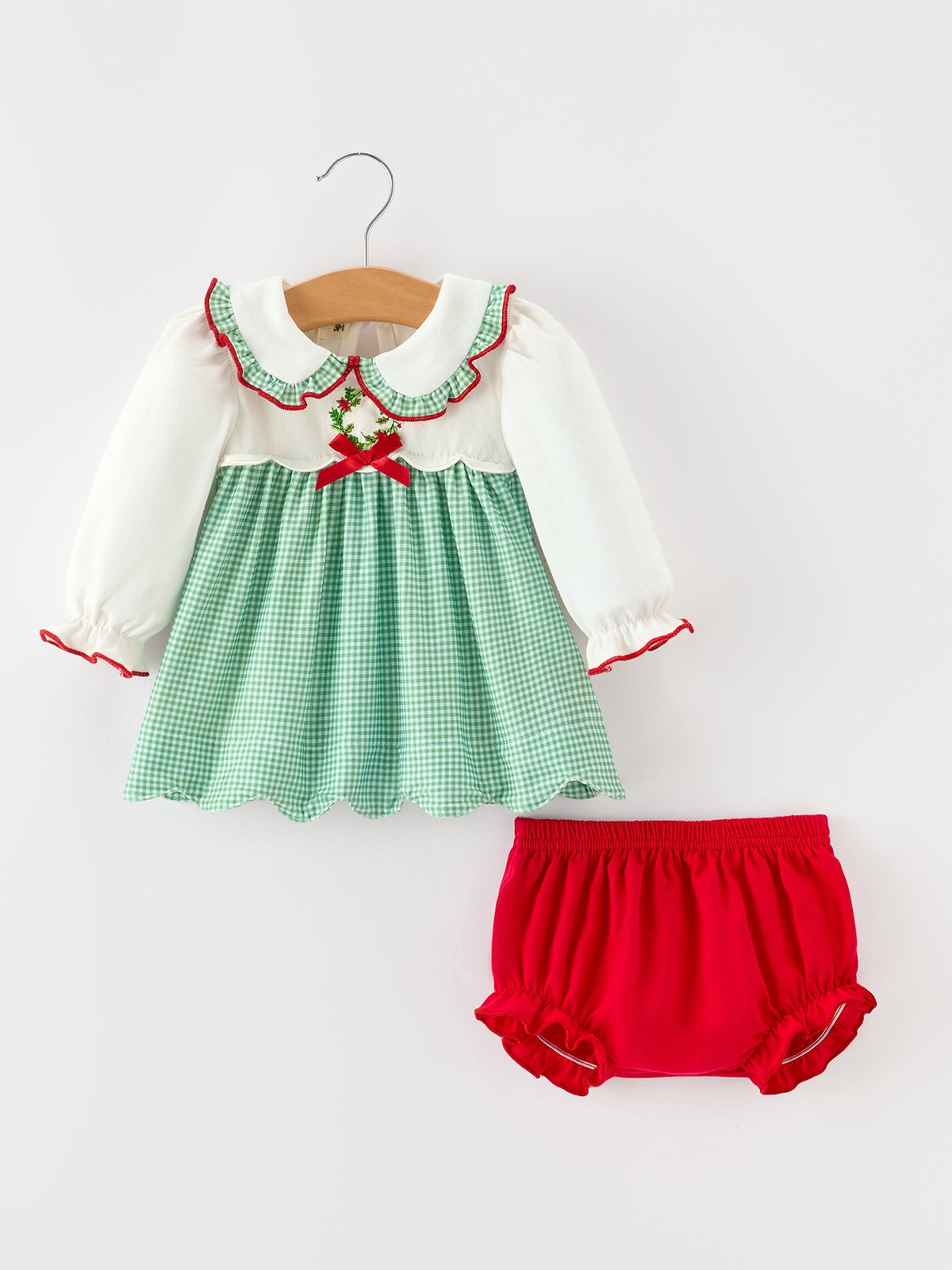Baby Girls Christmas Green Plaid Embroidered Dress Top & Bloomer Set 1
