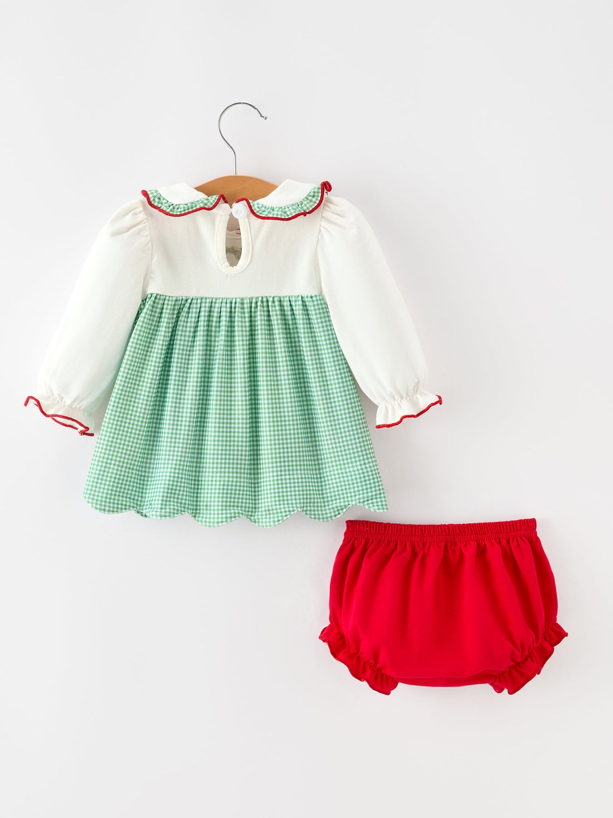 Baby Girls Christmas Green Plaid Embroidered Dress Top & Bloomer Set 2