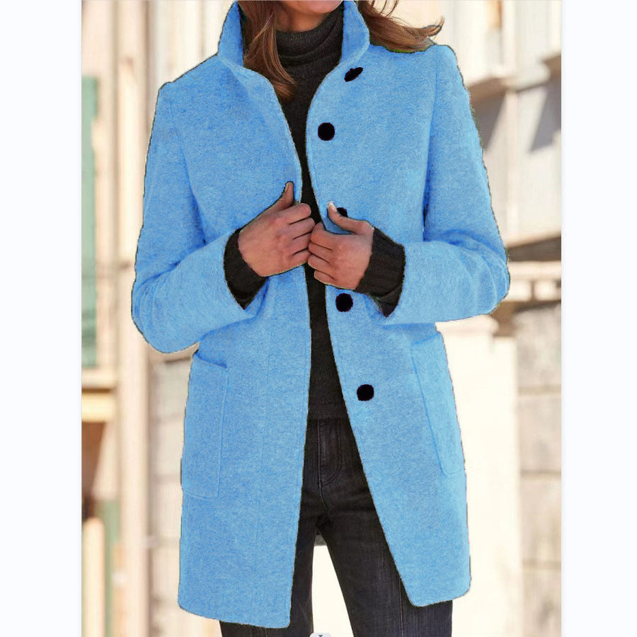 Fashion Stand Collar Woolen Coat With Pockets Fall Winter Casual Button Outwear For Women Clothing 13
