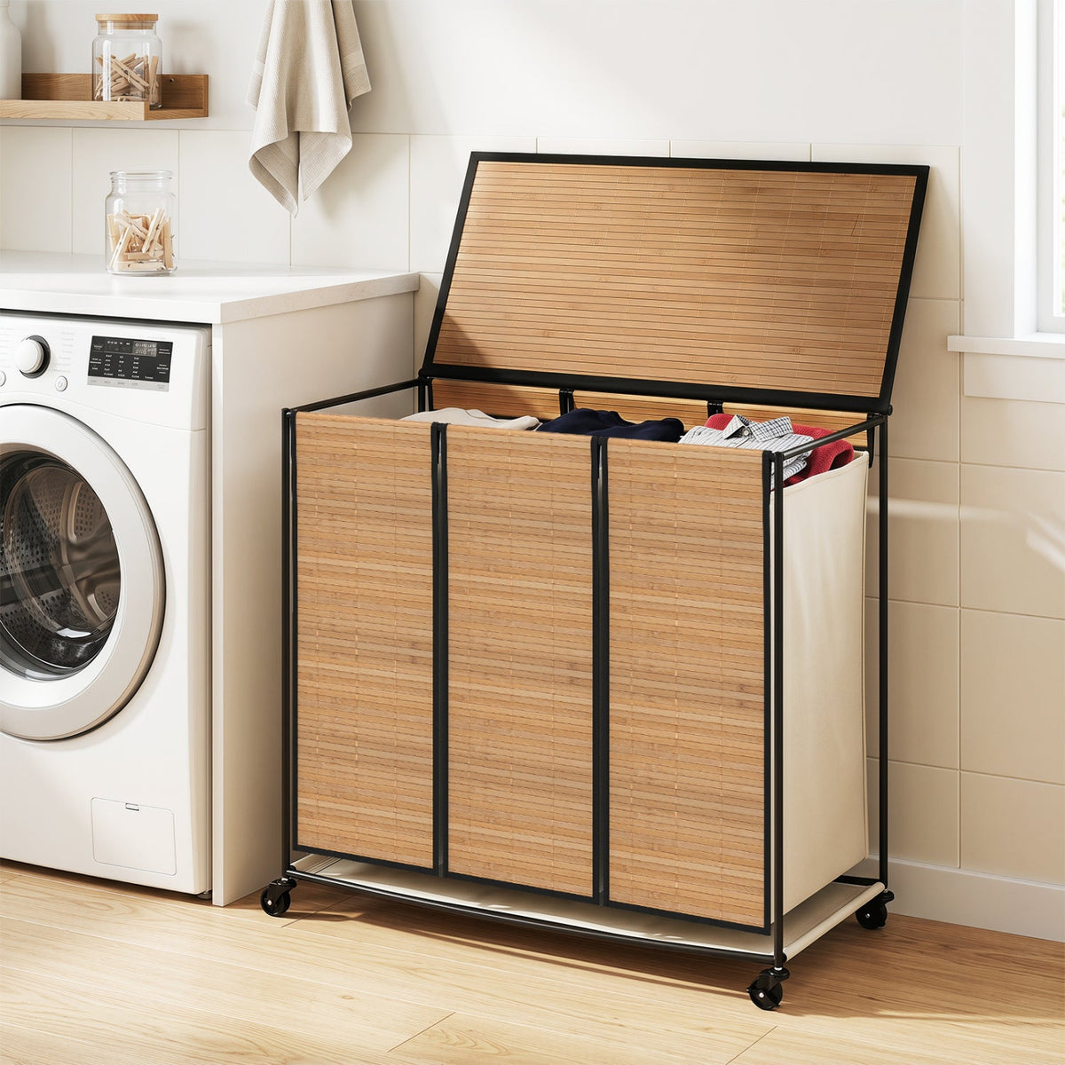 3-Section Laundry Hamper with Lid and Wheels - 21.4 Gal 1