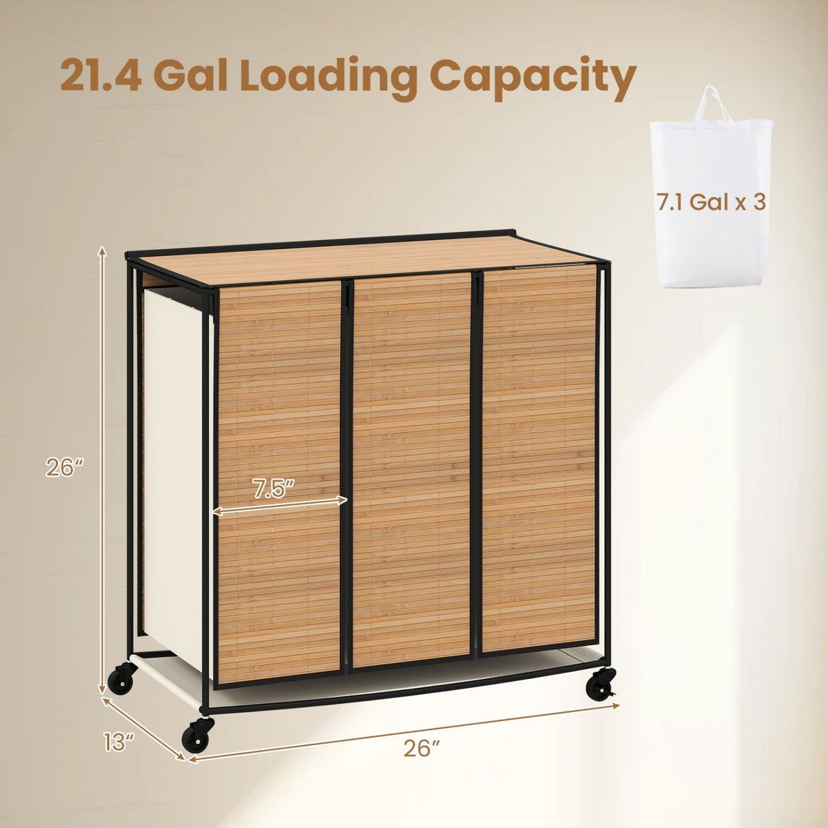 3-Section Laundry Hamper with Lid and Wheels - 21.4 Gal 4