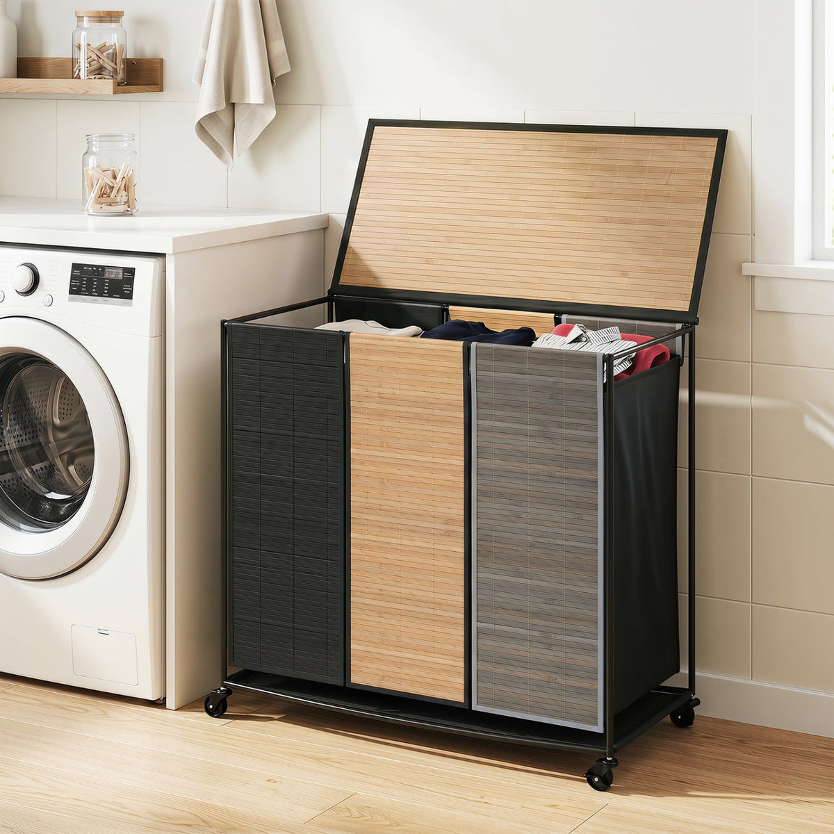 3-Section Laundry Hamper with Lid and Wheels - 21.4 Gal 9