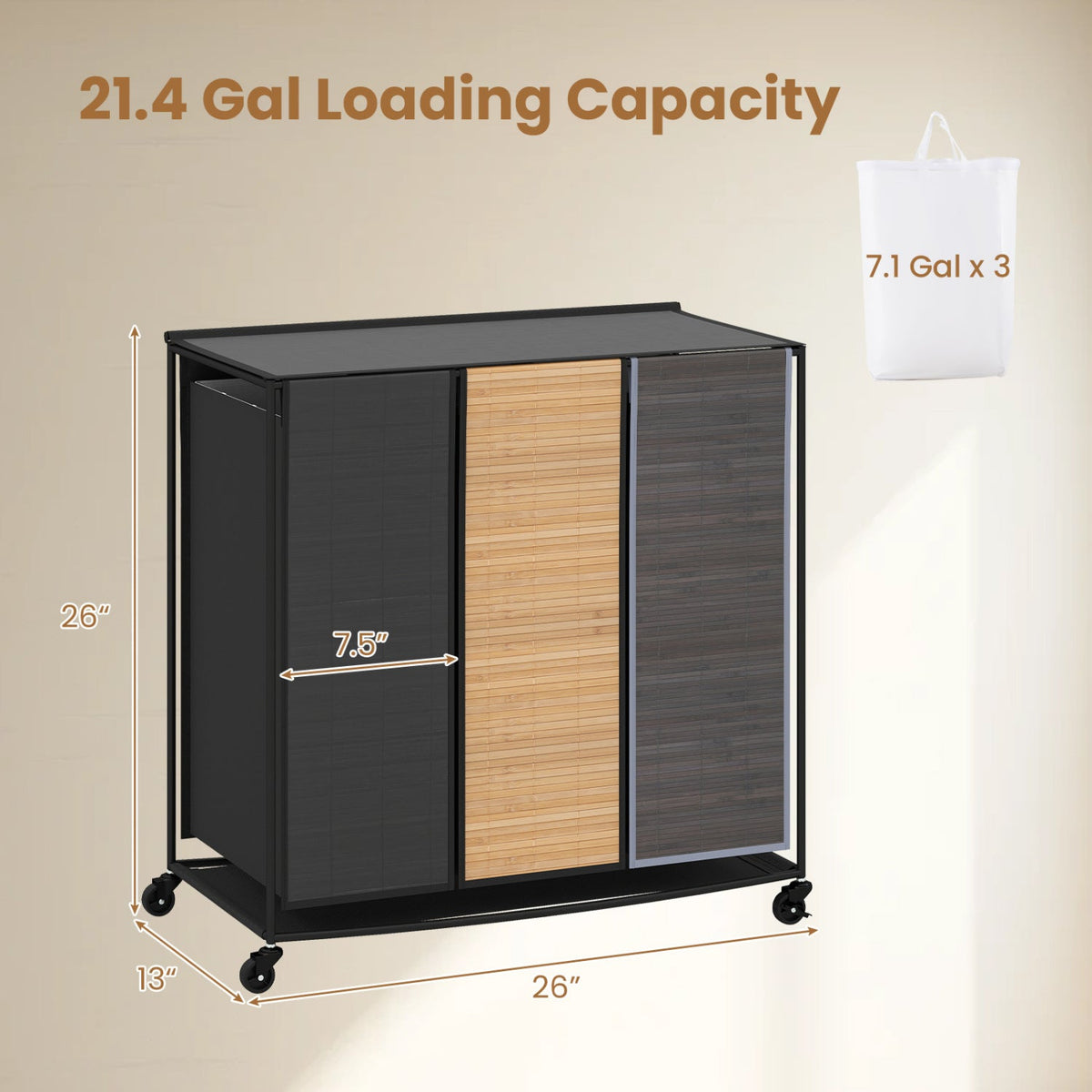 3-Section Laundry Hamper with Lid and Wheels - 21.4 Gal 11