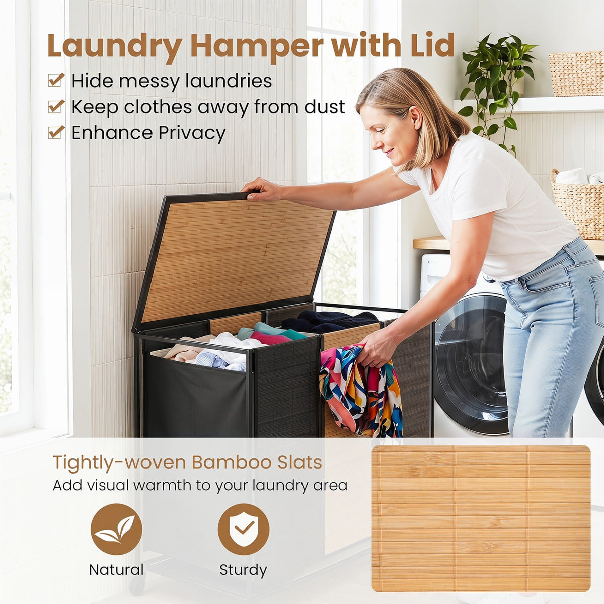 3-Section Laundry Hamper with Lid and Wheels - 21.4 Gal 16