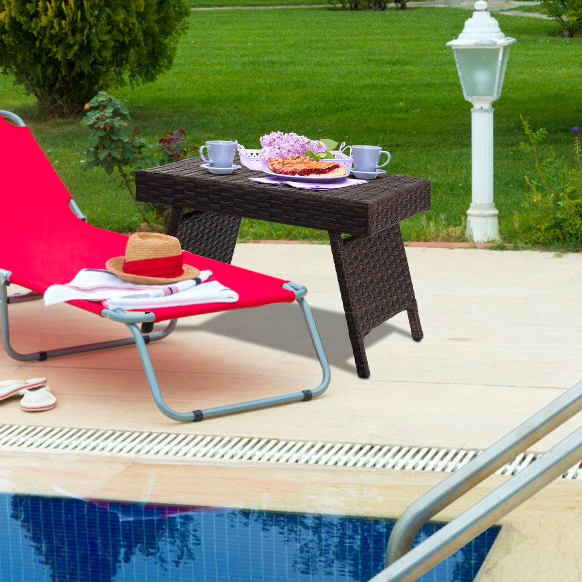 Folding PE Rattan Side Coffee Table Patio Garden Furniture 6